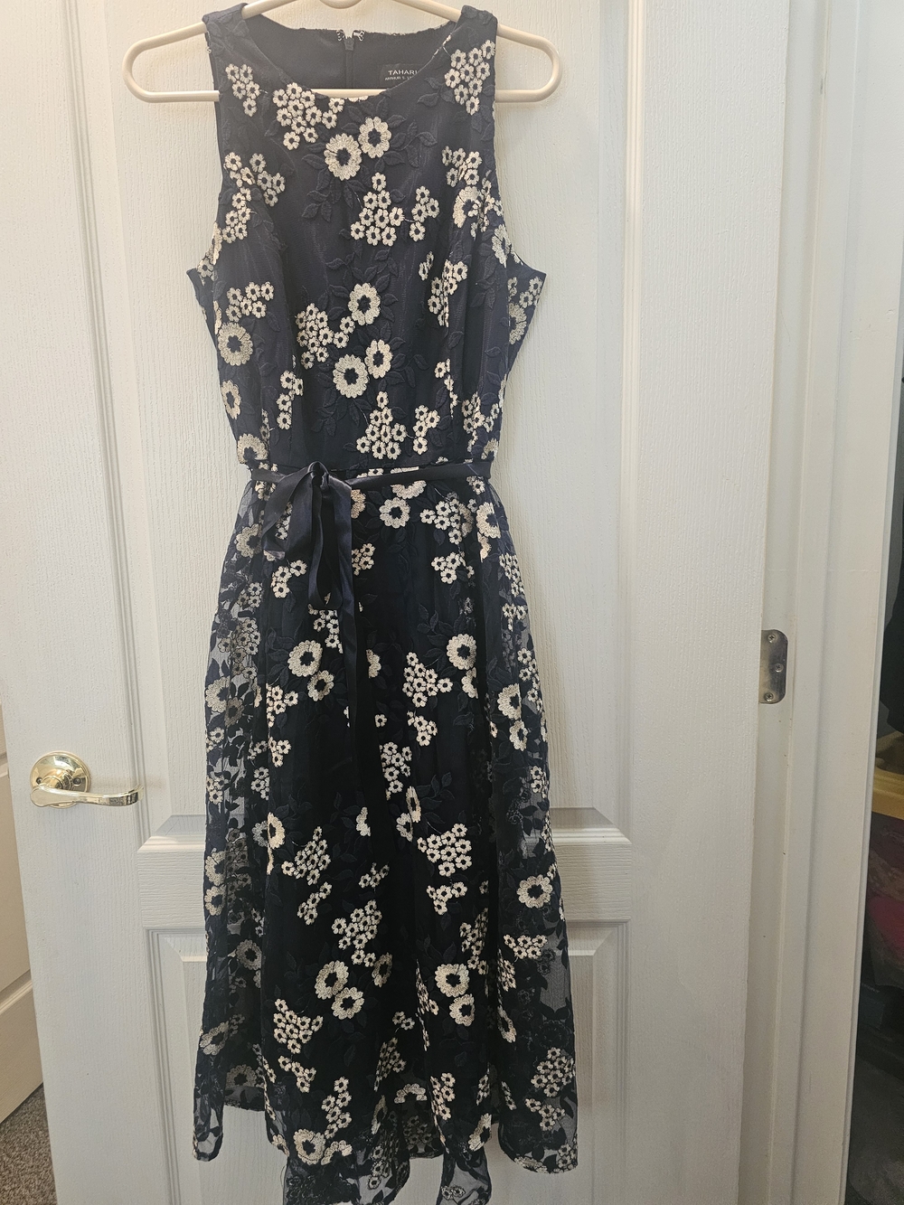Tahari Navy Floral Lace A-Line Midi Dress
